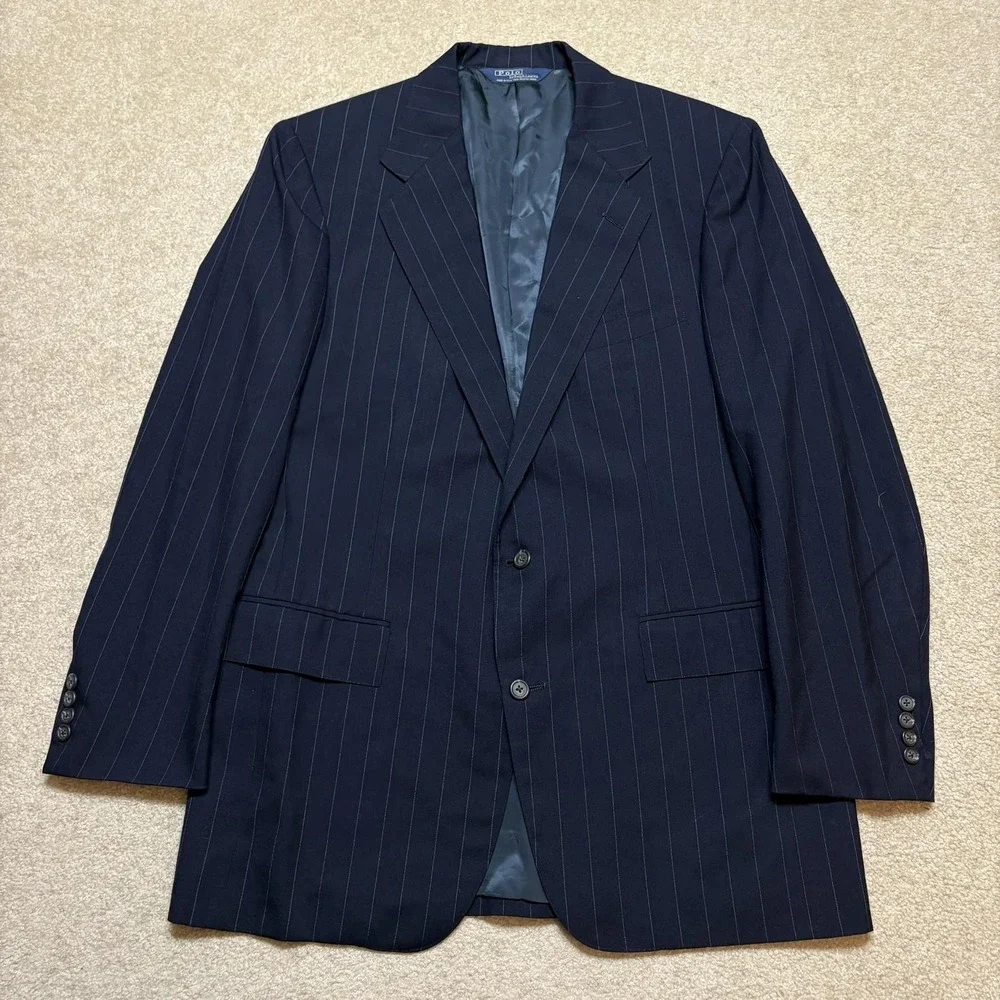 Vtg Polo By Ralph Lauren Blazer Mens 42‎ Blue Wool Pinstripe USA Sport Coat 80s
